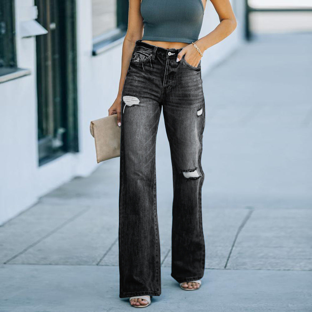 Hohe Taille Jeans Lockere Fit Weite Beine Used Look - IdealeKleiden