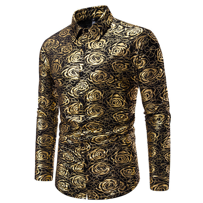 Chemise à manches longues pour homme, motif floral, élégance dorée