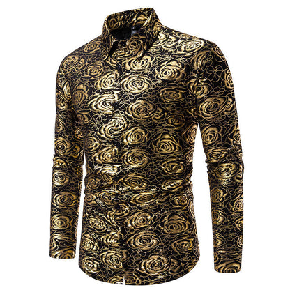Chemise à manches longues pour homme, motif floral, élégance dorée