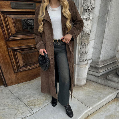 Damen Wildledermantel Lang Elegant Schnitt - IdealeKleiden
