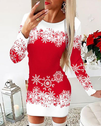 Weihnachtskleid Damen Langarm Schneeflocken Elegant - IdealeKleiden