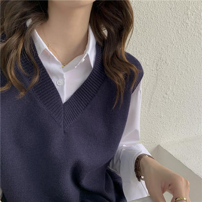 Gilet tricoté sans manches col en V pour femme Tendance