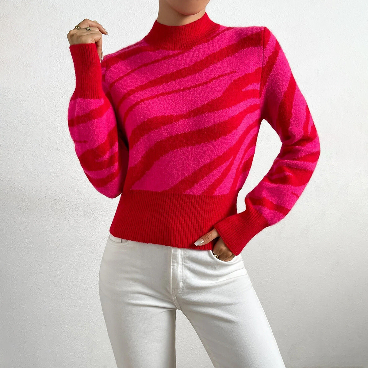 Pull en maille zébré pour femme col montant élégant