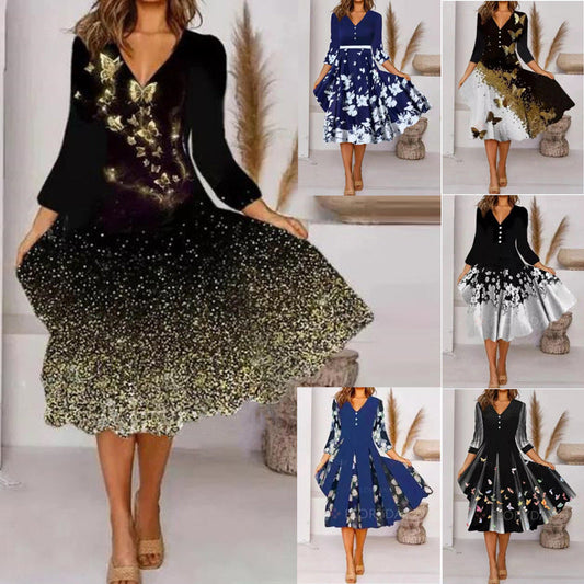 Damen Midi-Kleid V-Ausschnitt Blumenmuster Elegant - IdealeKleiden