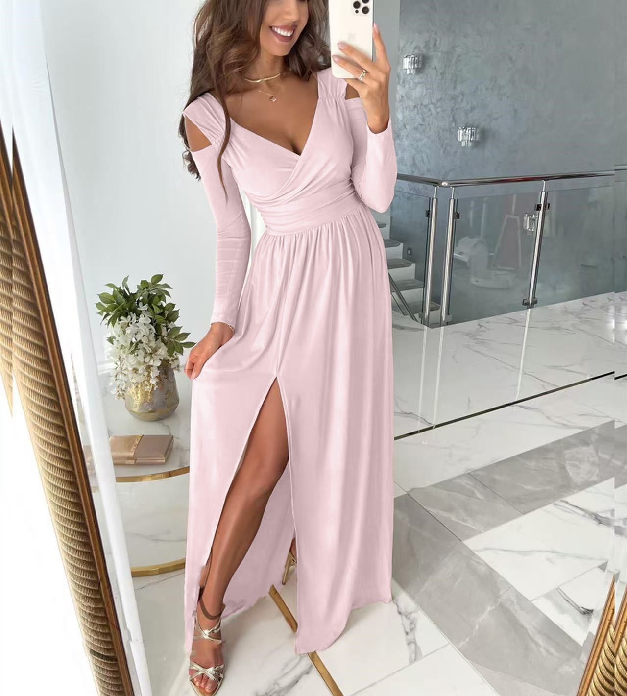 Robe longue élégante pour femmes Col en V Fente latérale