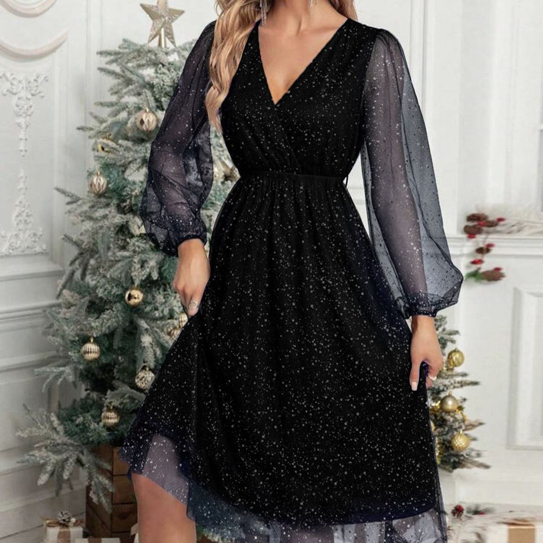 Damen Partykleid Glitter Puffärmel Abendkleid Elegant - IdealeKleiden