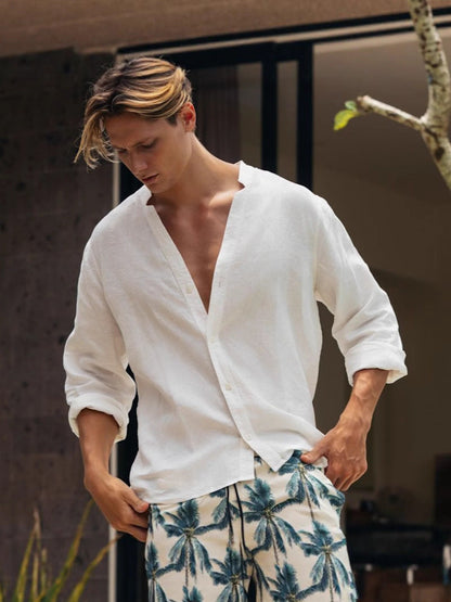 Chemise en lin homme Coupe décontractée Boutonnée