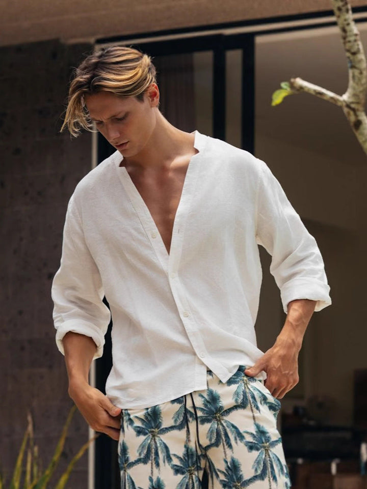 Chemise en lin homme Coupe décontractée Boutonnée