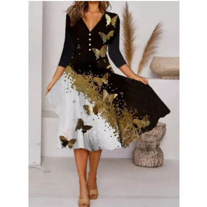 Robe midi pour femme Col en V Motif floral Élégante