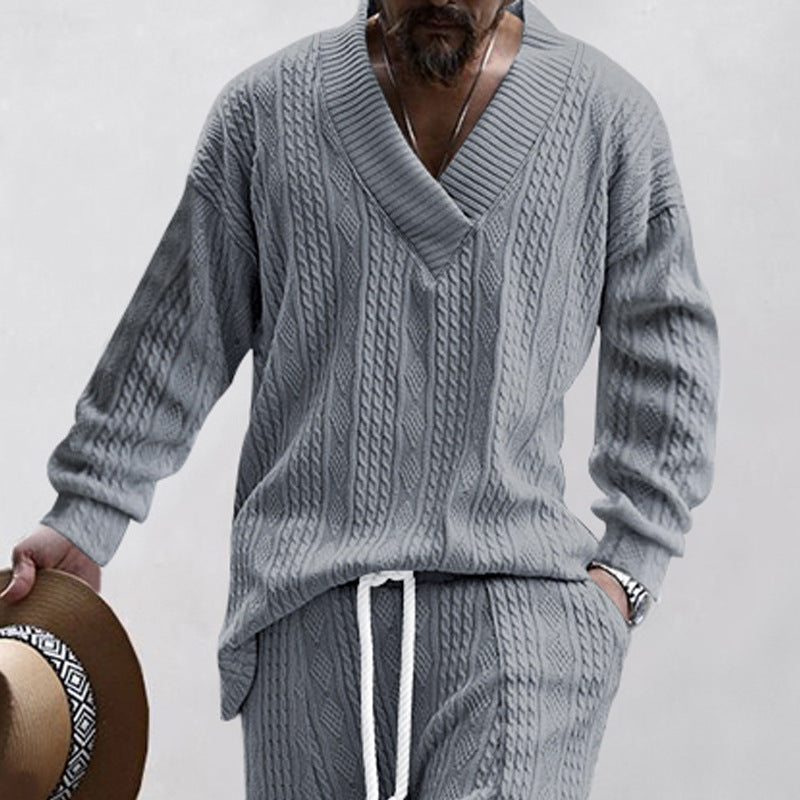 Pull-over tricoté pour homme Col V décontracté effet torsadé