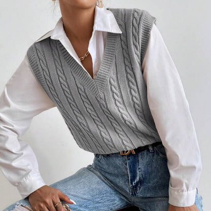 Gilet Femme Col V Motif Tressé Élégant