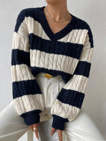 Pull en tricot pour femme col en V manches longues design élégant