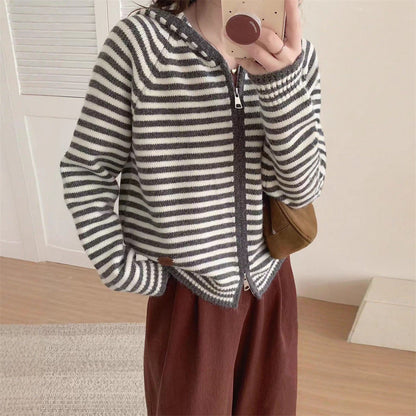 Veste rayée pour femme, parka à capuche avec poches