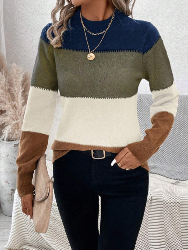 Pull tricoté femme Tendance Rayures color block Col haut