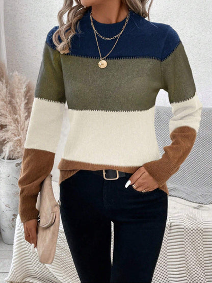 Pull tricoté femme Tendance Rayures color block Col haut