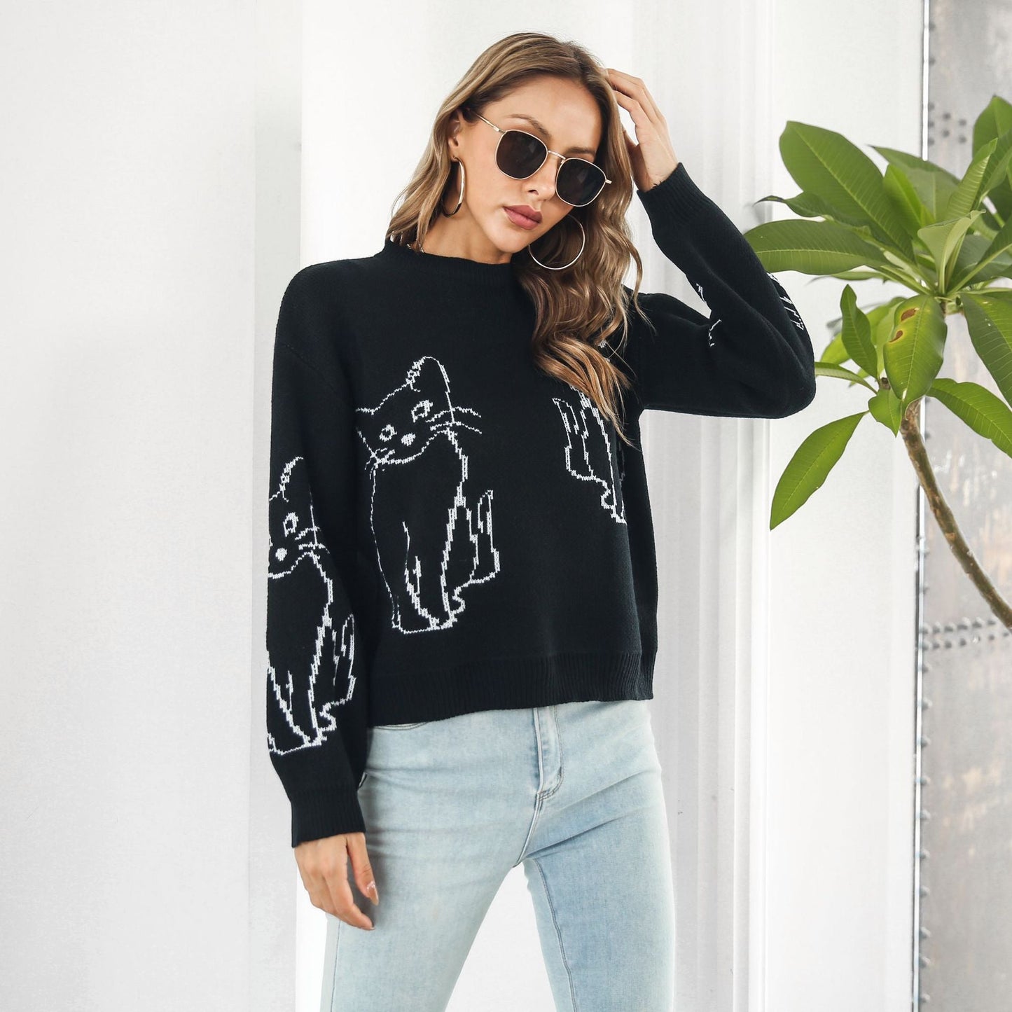 Pull pour femme Motif chat Décontracté et confortable