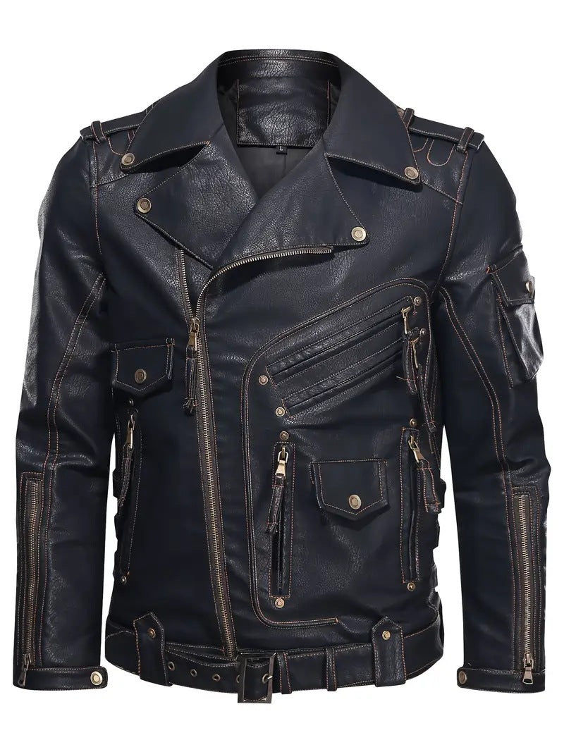 Blouson en cuir pour homme, style motard, fermeture éclair, poches
