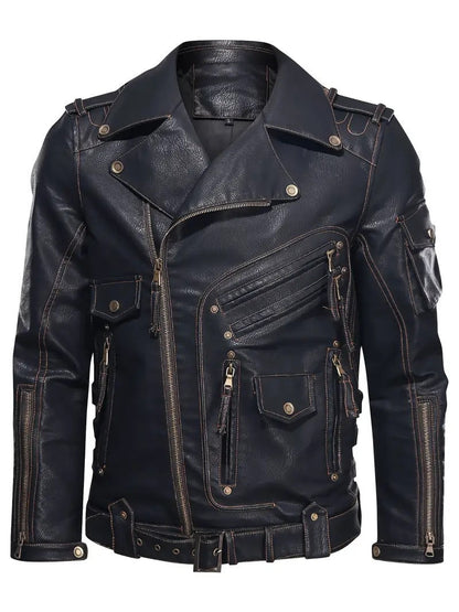 Blouson en cuir pour homme, style motard, fermeture éclair, poches