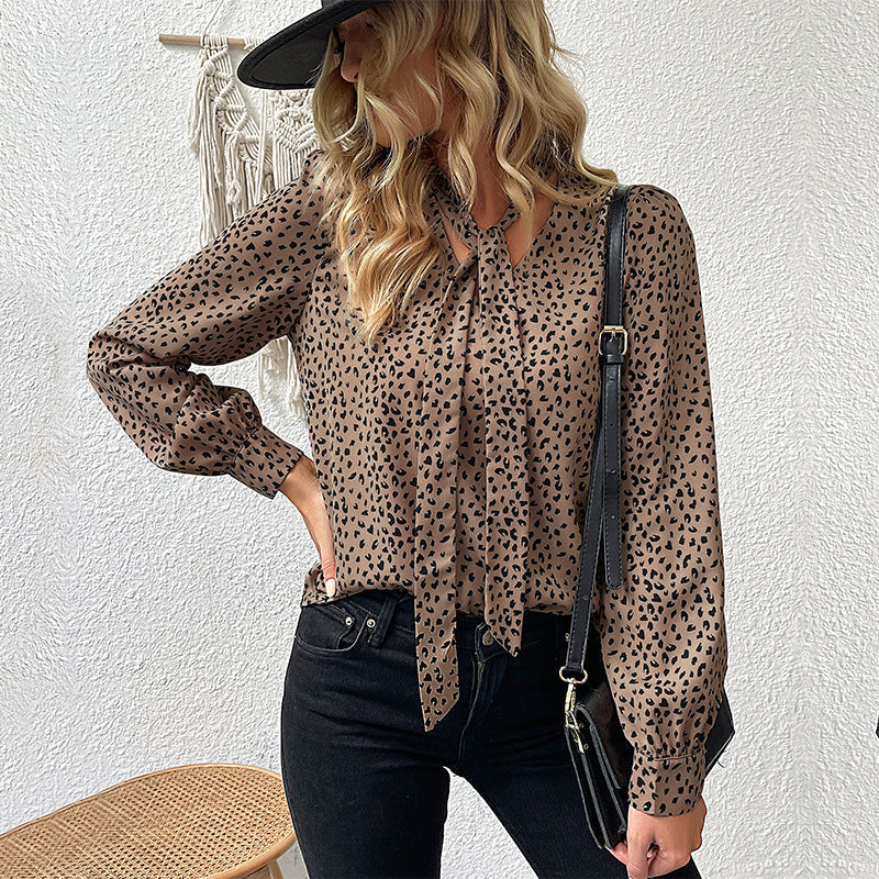 Damen Bluse Leoparden Muster Schleifen Detail - IdealeKleiden