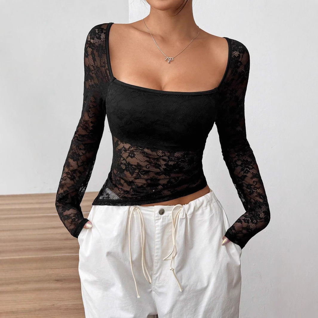 Damen Durchsichtige Spitzenbluse Langärmlig Elegantes Design - IdealeKleiden