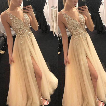 Glamouröses Abendkleid Damen Hochgeschlitzt Glitzernd Elegant - IdealeKleiden