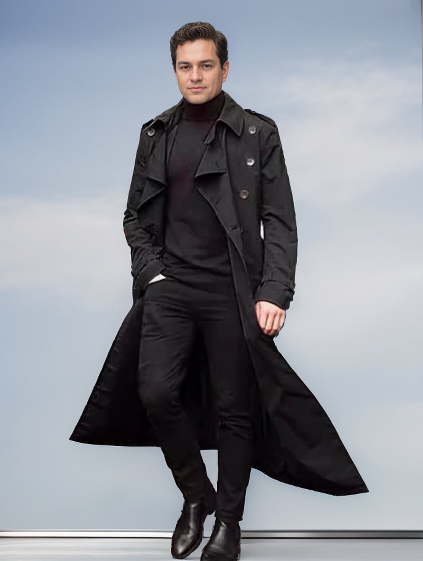 Trench-coat long élégant pour hommes avec poches