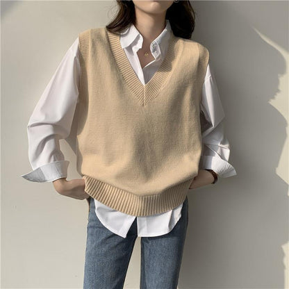 Gilet tricoté sans manches col en V pour femme Tendance