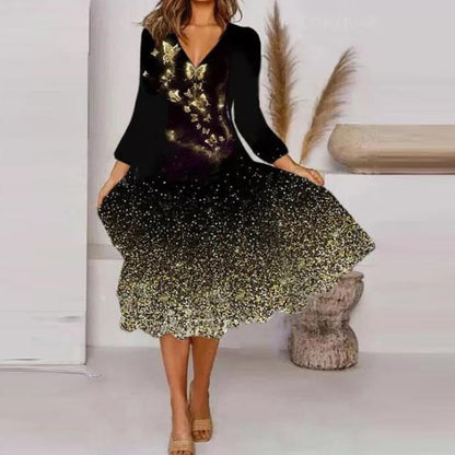 Robe midi pour femme Col en V Motif floral Élégante