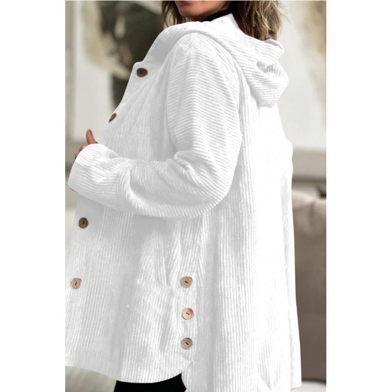 Veste à capuche en velours côtelé Confortable Mi-longue Boutons