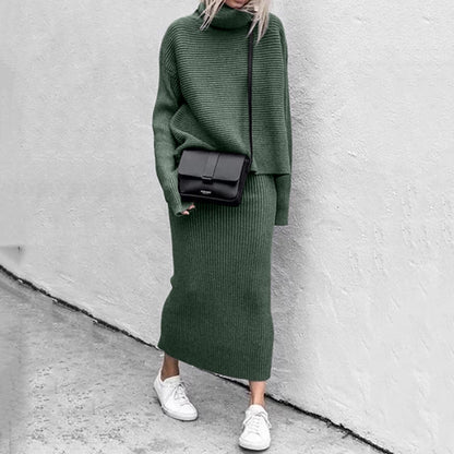 Ensemble pull à col roulé et jupe en maille pour femme