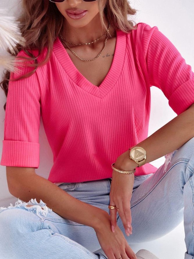 Haut pour femme col en V manches courtes avec motif côtelé vêtements d'été