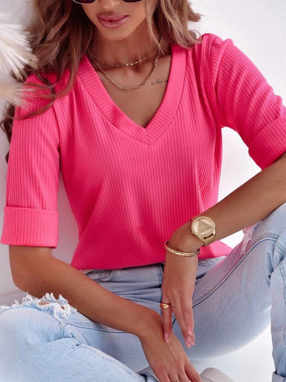 Haut pour femme col en V manches courtes avec motif côtelé vêtements d'été