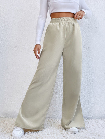 Pantalon femme en velours côtelé à jambes larges avec fentes élastiqué