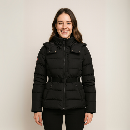 Doudoune femme noire élégante avec ceinture