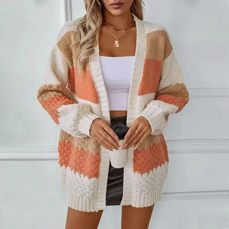 Cardigan en maille pour femme, blocs de couleurs tendance, ouvert