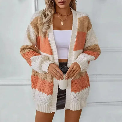 Cardigan en maille pour femme, blocs de couleurs tendance, ouvert