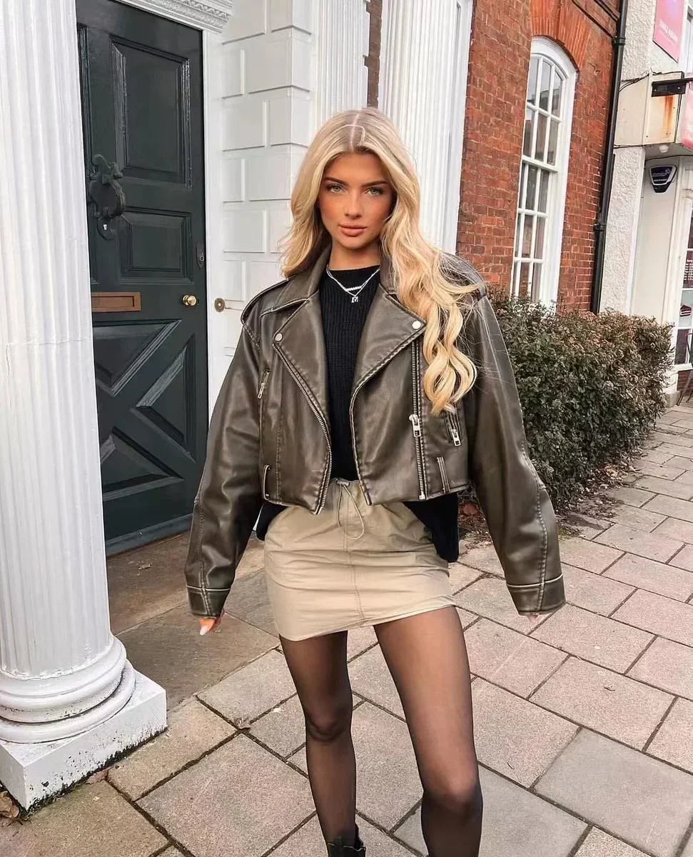 Damen Lederjacke Elegant Schnitt mit Reißverschluss - IdealeKleiden