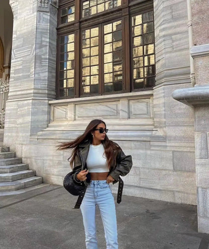 Veste en cuir élégante pour femme avec fermeture éclair