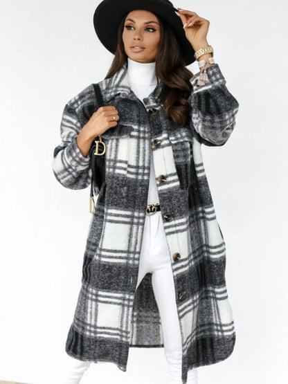 Manteau à carreaux pour femme, mélange de laine, longueur genoux