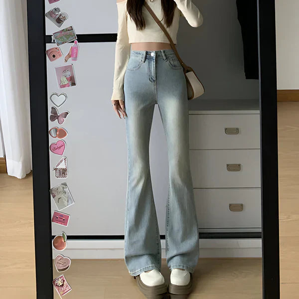 Jean slim évasé taille haute extensible pour femme