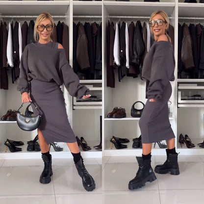 Ensemble de robe de soirée à la mode pour femme avec haut à épaules dénudées et jupe midi