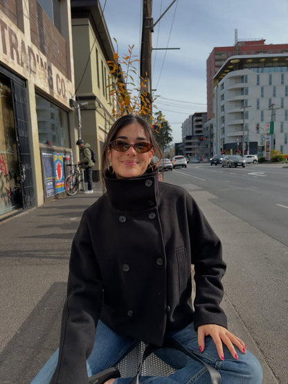 Veste oversize en laine, col montant, double boutonnage