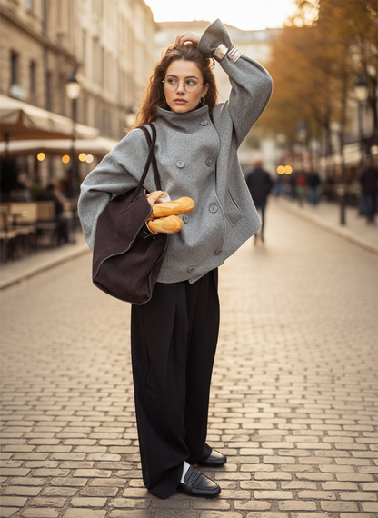 Veste oversize en laine, col montant, double boutonnage