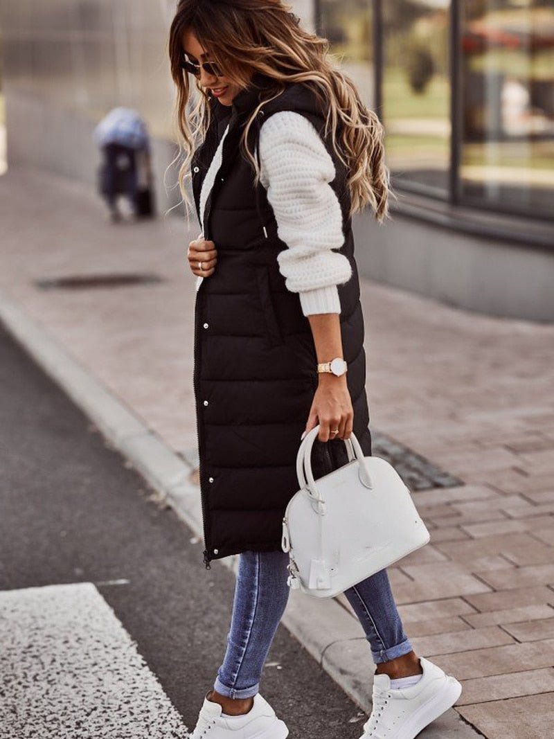 Damen Winterjacke Lange Kapuzenweste - IdealeKleiden