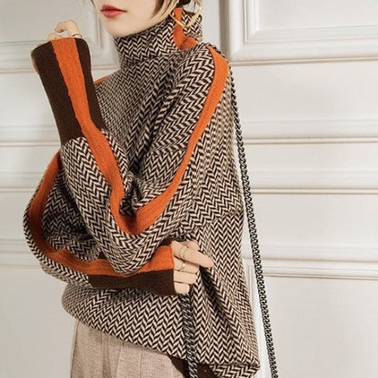 Pull en tricot col montant rayé multicolore