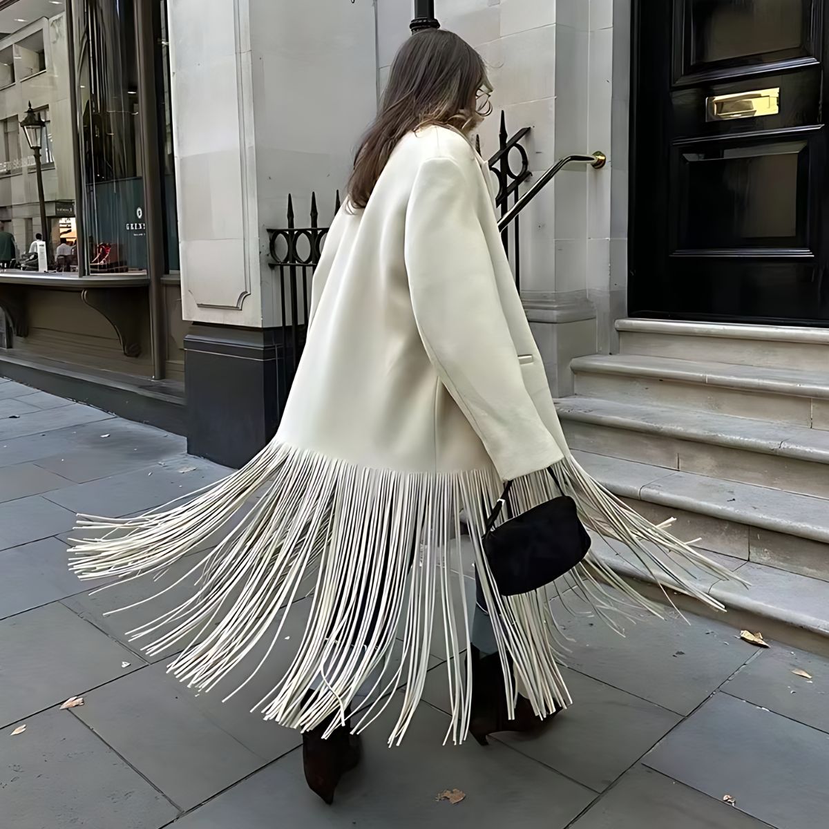 Elegante Damenjacke Creme Weiß Fransen Detail - IdealeKleiden