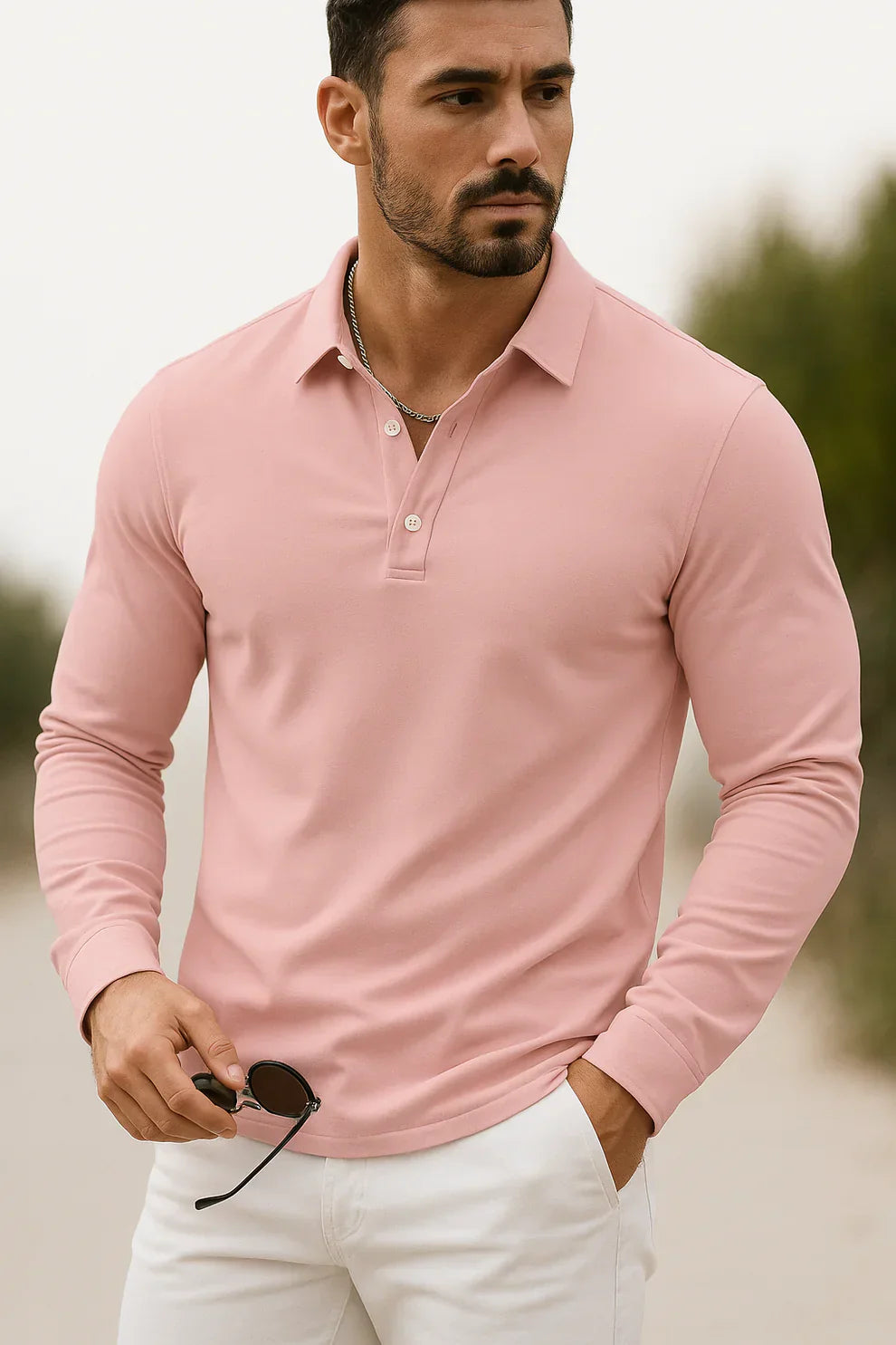 Polo à manches longues pour homme, coupe slim, moderne