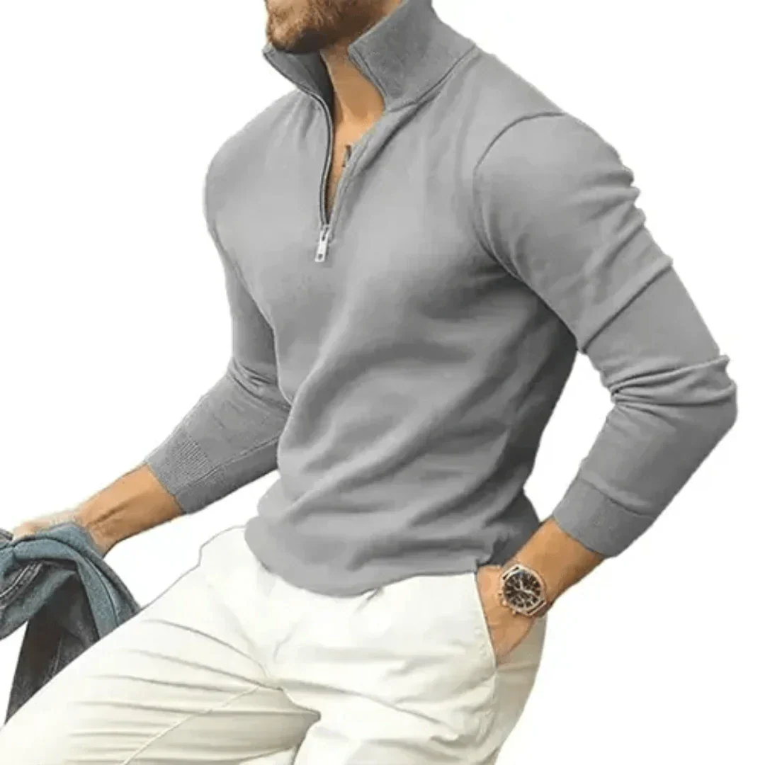 Pull-over homme à manches longues et col zippé quart, coupe moderne