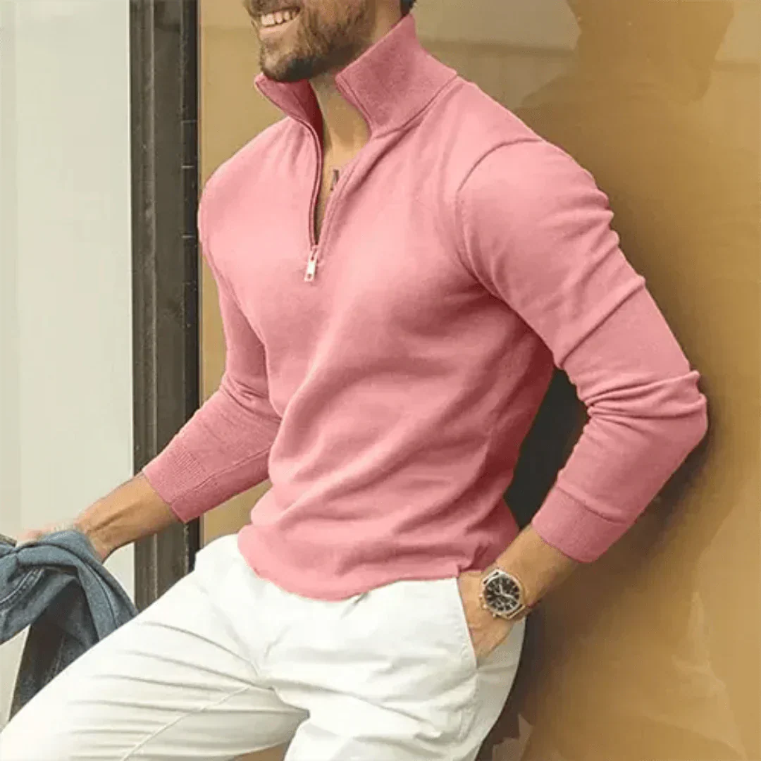 Pull-over homme à manches longues et col zippé quart, coupe moderne