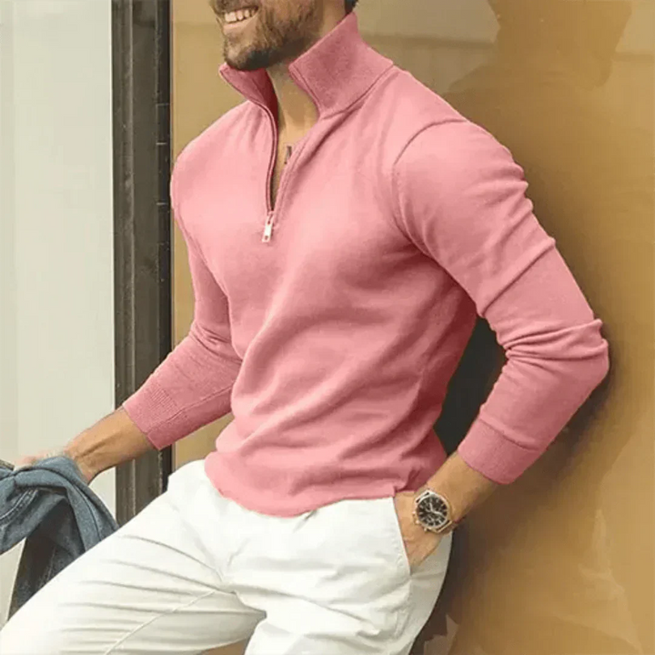 Pull-over homme à manches longues et col zippé quart, coupe moderne